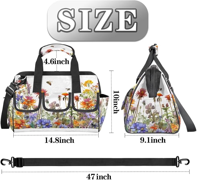 Wildflowers Floral Tool Bag for Men Women Multi-Pockets Wide Mouth Tool Storage Bags 14.8 Inch Waterproof Heavy Duty Tool Bag Organizer for Electrician Mechanic Plumbers Handymen