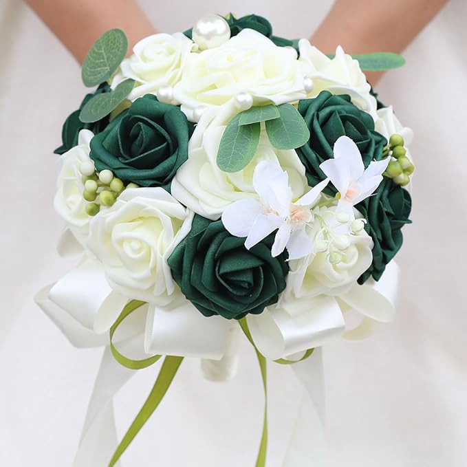 Lightweight Bridal Wedding Bouquet Round Holding Bouquet Throw Toss Artificial Rose Flower Bunch for Bride Bridesmaid Wedding Quinceanera (Cream & Dark Green, 7.9")