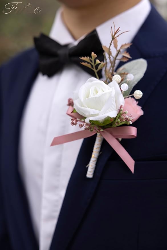 Fnize Pink Boutonniere for Men, 6 Pcs Groom Groomsmen Boutonnieres, Artificial Flowers for Wedding Prom Homecoming
