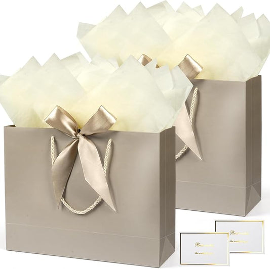 Gift Bags, 13” Large Gift Bags with Tissue Paper Greeting Card, 2PCS Portable Birthday Gift Bag Set, Champagne Gold Present Bags for Birthday Party Favor Wedding Baby Shower Mother’s Day, 13x10x4inch