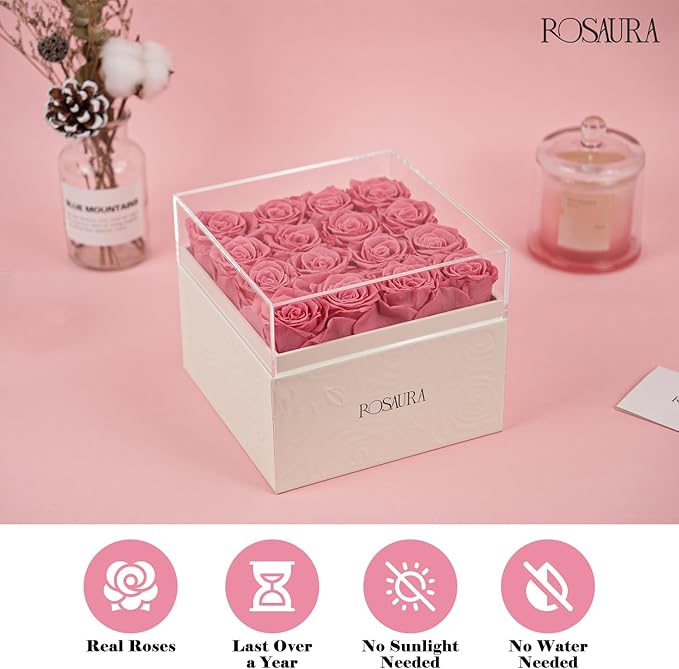 Rosaura Square Preserved Roses Gift Box - Real Forever Flowers in Clear Acrylic Lid, Valentine's for Women (Pink, 16 Roses)