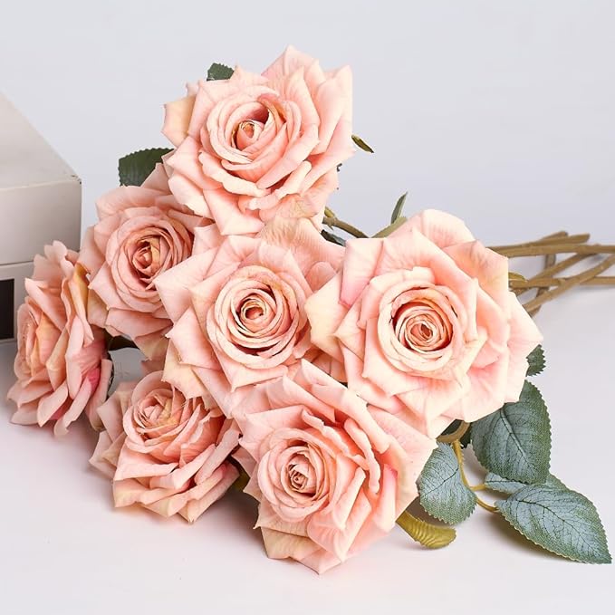 3.1"(8cm) Manta Rose Artificial Flower 7pcs Realistic Faux Silk Roses Fake Flowers Bouquets Arrangements Decor for Wedding Spring Mother's Day, Home Table Decorations, Light Pink Flower
