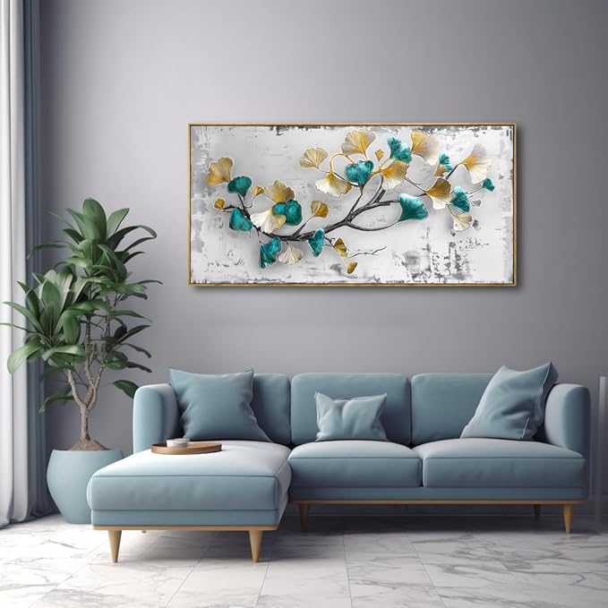 Wall Art Ginkgo Leaf Modern Botanical Artwork Canvas Painting for Living Room Bedroom Dining Room Home Office Decor 20"x40" with Framed