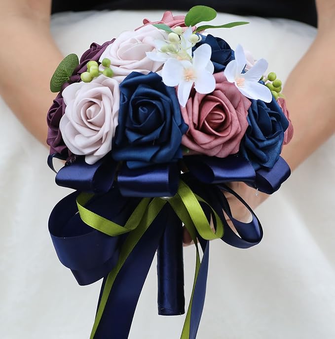 Lightweight Bridal Wedding Bouquet Round Holding Bouquet Throw Toss Artificial Rose Flower Bunch for Bride Bridesmaid Wedding Quinceanera (Navy, Smoky Rose, Light Taro & Dark Puce, 9.1")