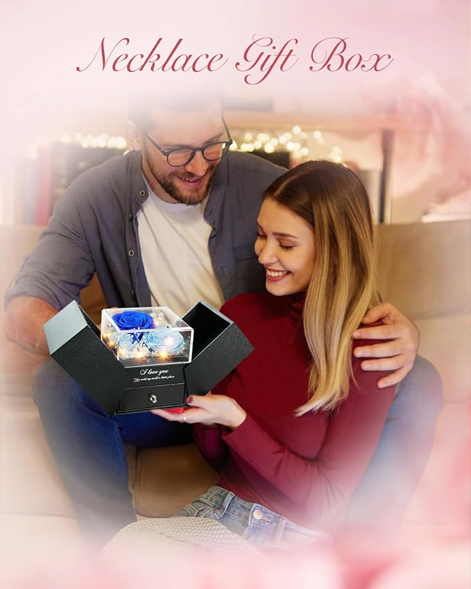 Birthday Gifts for Women, Preserved Real Roses with Heart Necklace I Love You in 100 Languages, Romantic Anniversary Wedding Christmas Gifts for Women Her Girlfriend Wife, 2 Blue Forever Roses Necklace Gift Box