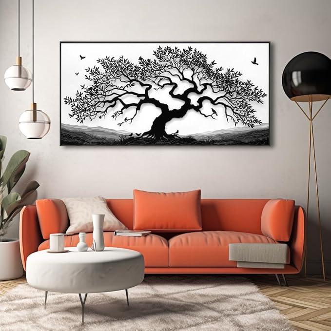 MooMel Wall Art Tree of Life White and Black Abstract Wall Art Canvas Painting for Living Room Bedroom Dining Room Home Office Decor Large Framed Ready to Hang 24"x48"