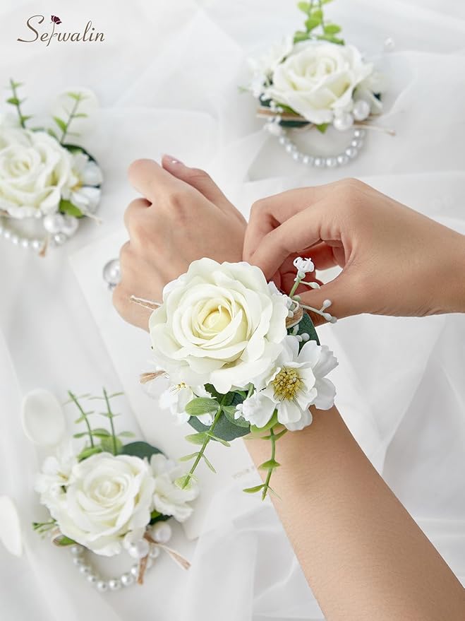 Serwalin Ivory Corsage and Boutonniere Set, Prom Flower Wrist Corsage Bracelets, Homecoming Roses Corsage Wristlet and Men Boutonniere for Wedding Flowers Accessories Prom Suit Decorations