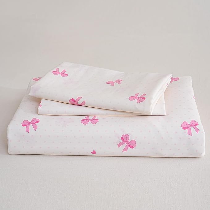 Pink Bow Duvet Cover Set Queen 100% Nature Cotton Duvet Cover 3 Pcs Girls Cute Comforter Cover with Zipper Closure Ultra Soft Breathable Bedding Set for All Seasons