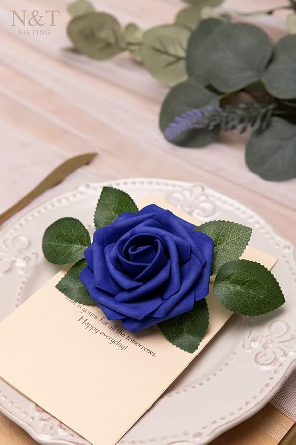N&T NIETING Artificial Flowers, Royal Blue Fake Flowers Roses with Stems for DIY Wedding Bridal Bouquets Centerpieces Bridal Shower Party Home Flower Arrangement Decorations, 25Pcs