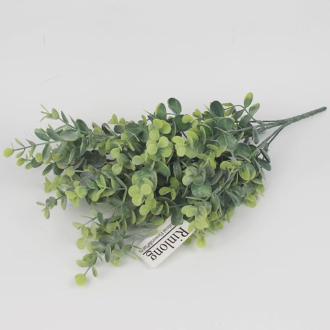 Rinlong 6Pcs Eucalyptus Artificial Greenery Fake Dusty Frosted Eucalyptus Stems Branches for Bouquet Filler Farmhouse Kitchen Hanging Planter Table Decor