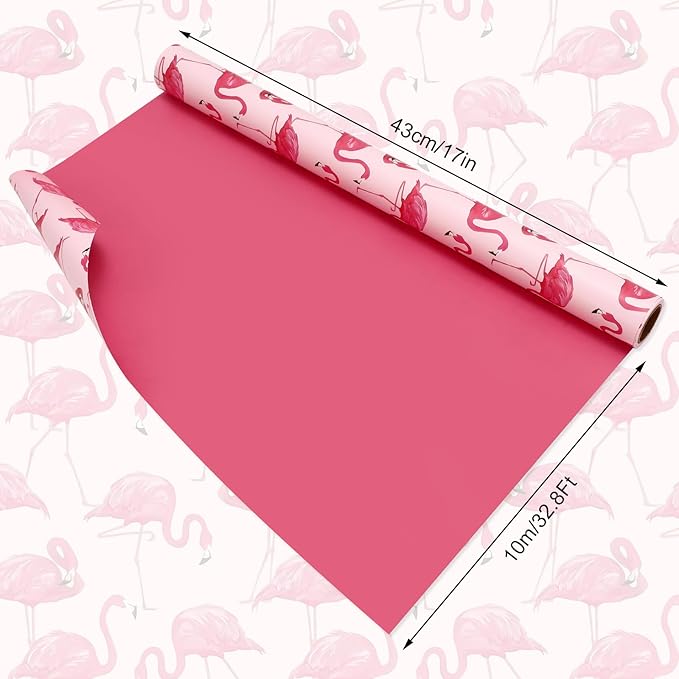 JarThenaAMCS Flamingo Wrapping Paper -Mini Roll- 17 Inch x 32.8Ft Double-Sided Pink Flamingo Gift Wrap Paper Tropical Art Paper for Summer Birthday Wedding DIY Crafts