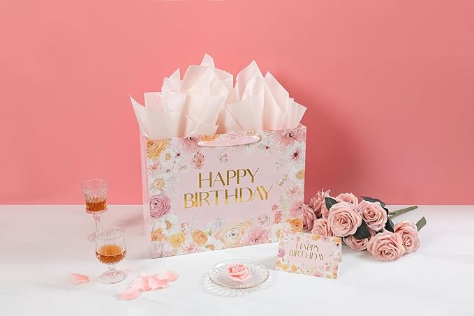 16.5” Extra Large Floral Gift Bag, Floral Design Happy Birthday Bag with Handles, Greeting Card, Tissue Papers for Women Girls Wildflower Birthday Party Baby Shower Supplies Decorations.(16.5in)