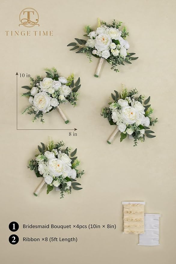 TINGE TIME 7" Bridesmaid Bouquet Set of 4, Wedding Bouquets for Bridesmaid, Perfect for Wedding Bouquets for Bride, Ideal for Bridal Shower, Rehearsal Dinner, Vintage Party (IvoryWhite&Eucalyptus)