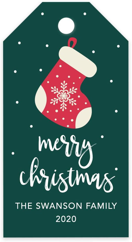 Andaz Press Personalized Christmas Holiday Season Classic Gift Tags, Merry Christmas Snowflake Stocking Design, Custom Family Name and Year, for Holiday Events, Parties, and Favors, 60-Pack