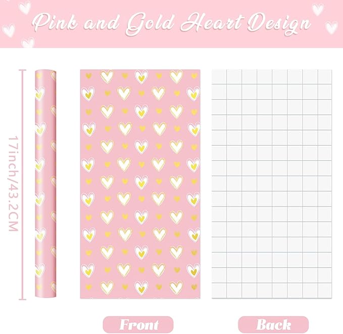 WERNNSAI Valentine Wrapping Paper Roll - 1 Roll 17”x 33 Valentines Day Gift Wrap Paper Pink Love Heart Gift Packing Decorations for Girls Women Bridal Shower Wedding Supplies