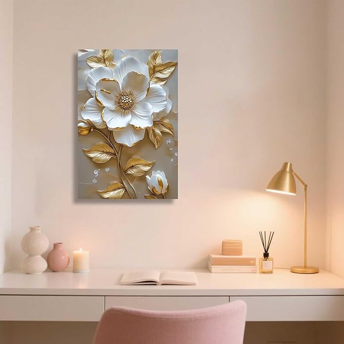 ZSHARTSWD Abstract White & Gold Floral Canvas Wall Art Elegant Flowers Pictures Prints White Flower Golden Leaves Painting Living Room Bathroom Decor Framed (Beige, 36L x 24W)
