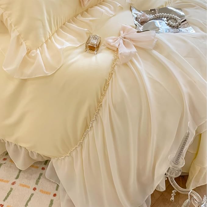 Ruffled Bedding Bow Duvet Cover Set with Butterfly Tie, Full Comforter Cover Set, Shabby Chic Bedding Set,Romantic French Princess Style -Yellow,Full