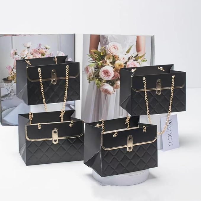 LONG XIN SERIES 12pcs Black Paper Flower Bags with Metal Chain Present Craft Boxes Premium Reusable Paper Gift Boxes Rectangular Present Packaging for Gift Package (Black)