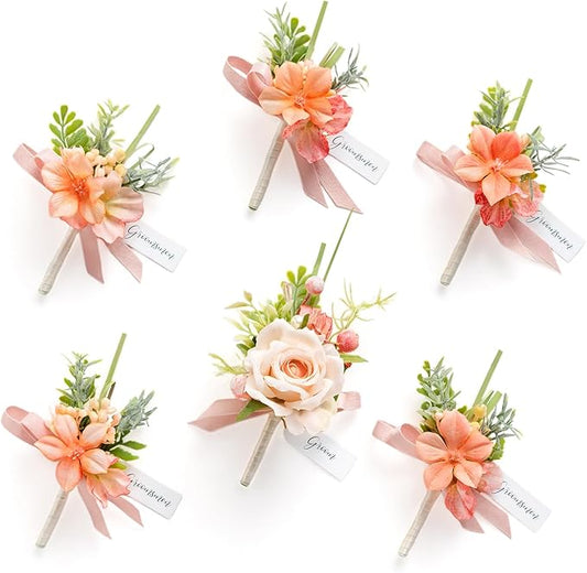 Ling's moment Boutonniere for Men, 6pcs Groom Groomsmen Boutonniere, Artificial Flowers for Wedding Decor/Prom/Homecoming, etc.Blush Garden Pink