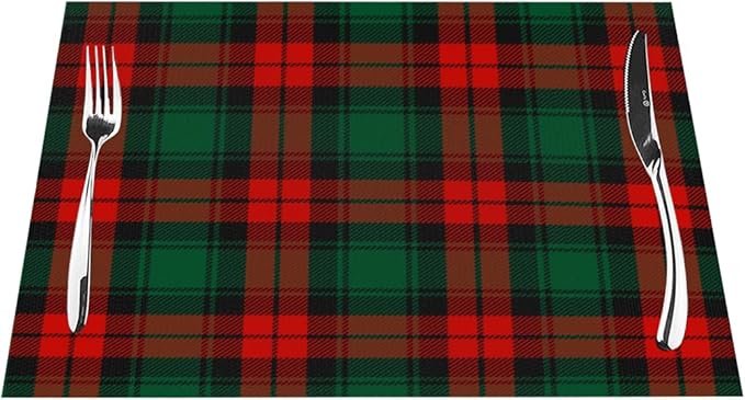 PVC Placemats Set of 1 Wipeable Table Mats Washable Heat Resistant Non Slip Vinyl Dining Table Mat for Kitchen Indoor Outdoor Patio Farmhouse Place Mats Christmas Green Red Grid Decorative