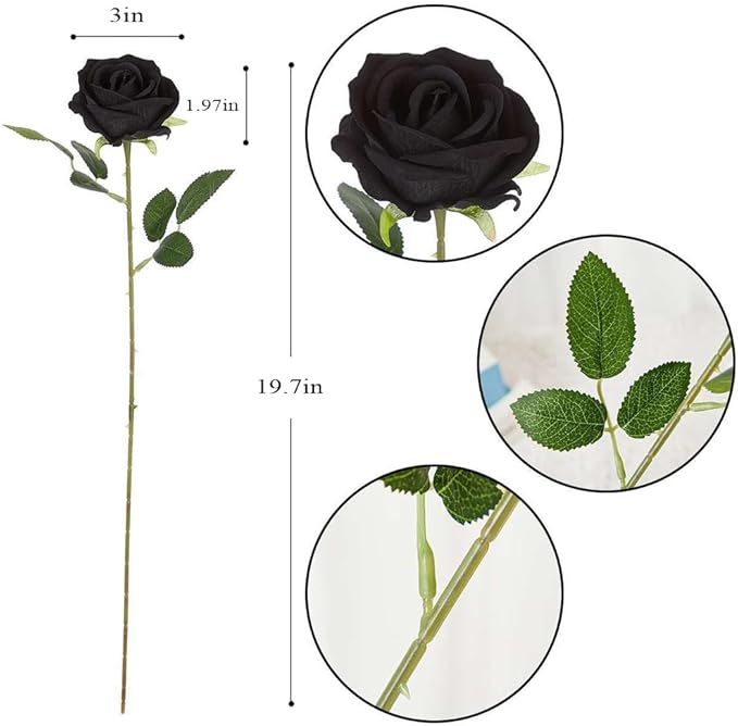 Jasion 12PCS Artificial Roses Realistic Velvet Silk Flowers Long Stem Faux Flowers Bouquet for Wedding Home Party Table Centerpieces Decorations (Black)