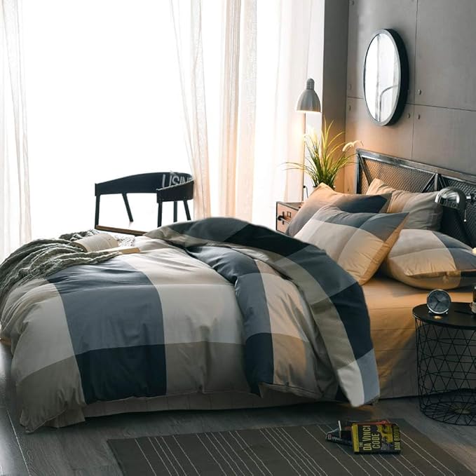 LifeTB California King Comforter Set Modern Style Plaid Checkered Pattern Comforter with 2 Pillow Shams Soft Microfiber Vintage Grid Plaid Bedding Set Lightweight Farmhouse Checked Comforter Set