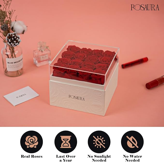 Rosaura Square Preserved Roses Gift Box - Real Forever Flowers in Clear Acrylic Lid, Valentine's for Women (red, 16 Roses)