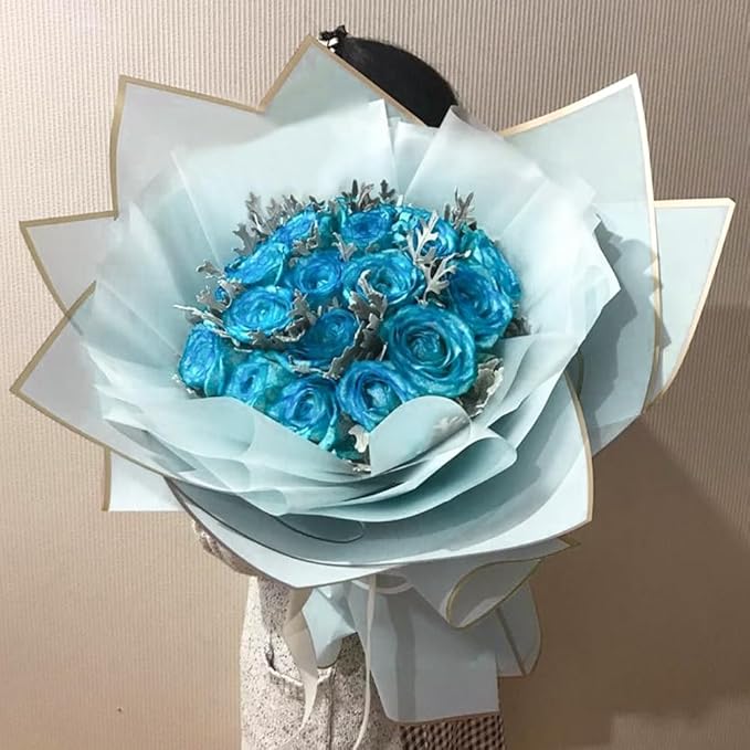 WRAPAHOLIC 20 Sheets Flower Wrapping Paper - 22.4 x 22.4 inch Gold Trim Light Blue Water-Resistant Floral Bouquet Wrapping Paper, Florist Supplies Packaging Paper for Wedding Birthday Gift DIY