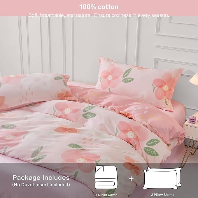 SAPHREAS Pink Floral Duvet Cover Set Full Size Blossom Flower Printed Bedding Comforter Cover Set 100% Cotton 1 Duvet Cover 90"x80" 2 Pillow Shams, Comforter Not Included