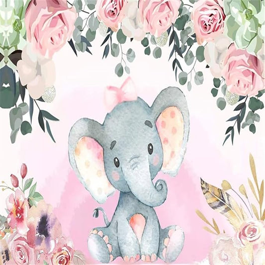 AOFOTO 8x8ft Pink Flowers Elephant Baby Shower Backdrop for Girl Sweet Floral Gender Reveal Background for Photography Kids Infant Birthday Party Banner Cake Table Decoration Photo Studio Props Vinyl