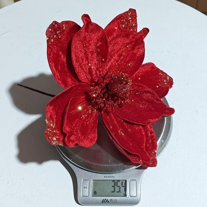 Set of 4 Gold Glitter Christmas Floral Decorations with Soft Flannelette, 15x26cm Artificial Flowers for Holiday Tree Ornaments, Wreaths, and Festive Tabletop Arrangements