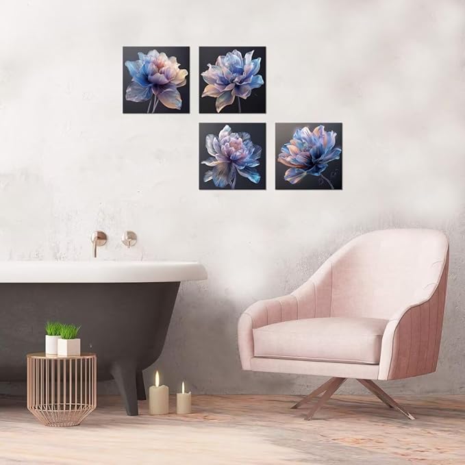 Pankila Blue Flower Wall Art for Living Room Bedroom Bathroom Floral Poster Abstract Canvas Flowers Wall Decor Life Pictures Home Decorations Framed Artwork Ready to Hang (12''W x 12''H x 4)