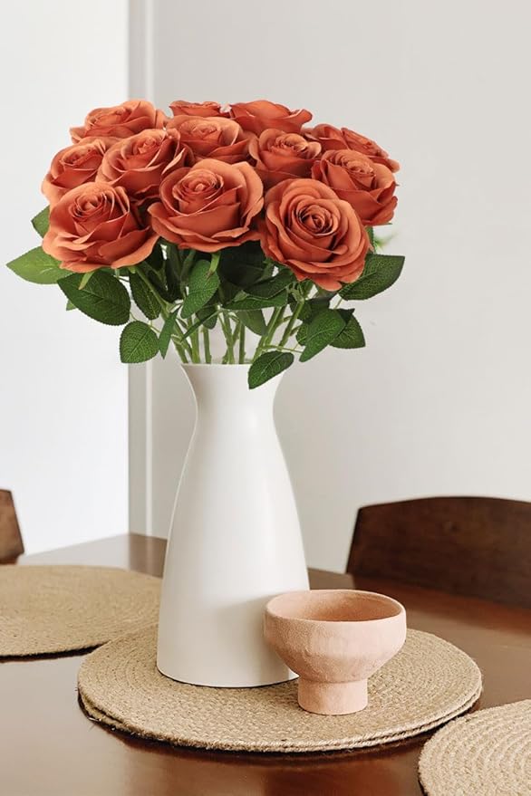 50pcs Roses Artificial Flowers Burnt Orange Fake Roses Flowers with Long Stems Silk Flowers for Wedding Bouquet Centerpices Decorations Party Bridal Baby Shower Home Decor