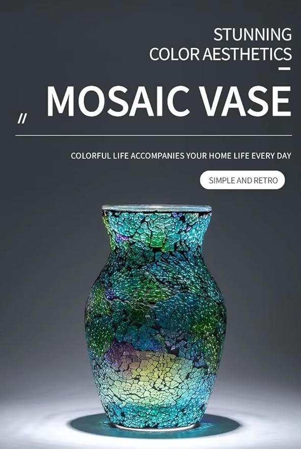 8" H Green Mosaic Glass Flower Vase,Decor Home Modern Midsize Mosaic Vase for Bedroom Livingroom Kitchen Office Wedding,Unique Gift