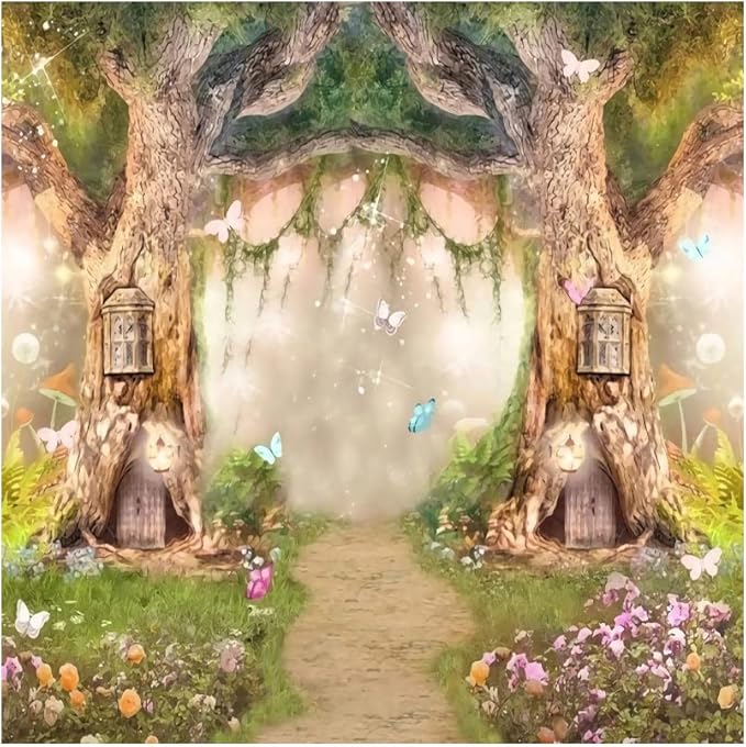 Leowefowa 6x6ft Vinyl 1st Birthday Backdrop Fairy Tale Forest Enchanted Flower Baby Shower Photo Background for Birthday Party Photoshoot Newborn Baby Kids Children Studio Props Photography Backdrops