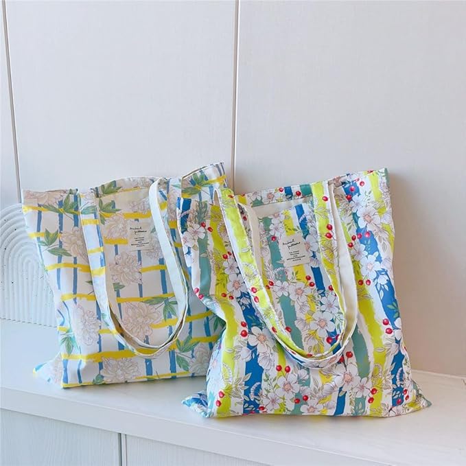 Cotton Canvas Tote Bag Reusable Soft Grocery Cloth Bag Floral Shoulder Bag for Beach Travel Shopping