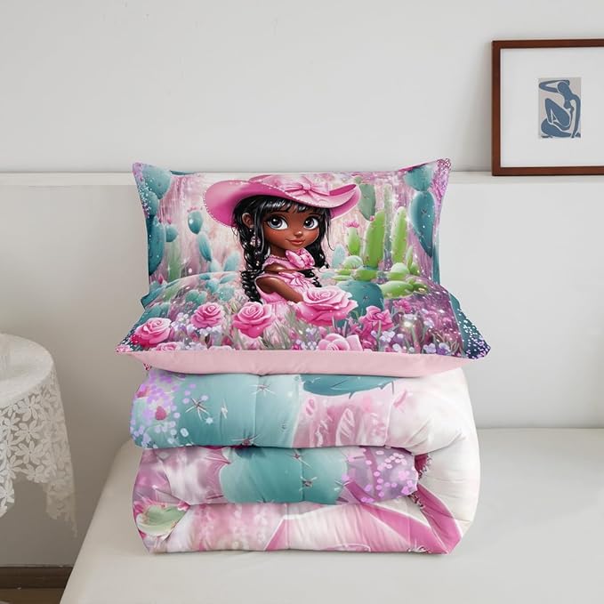 Pink Cowgirl Comforter Set Queen Size,Reversible Southwest African Style Black Bedding Set for Women Adult,Western Floral Desert Cactus Sparkling Luxury Bed Duvet Insert, 2 Pillowcases