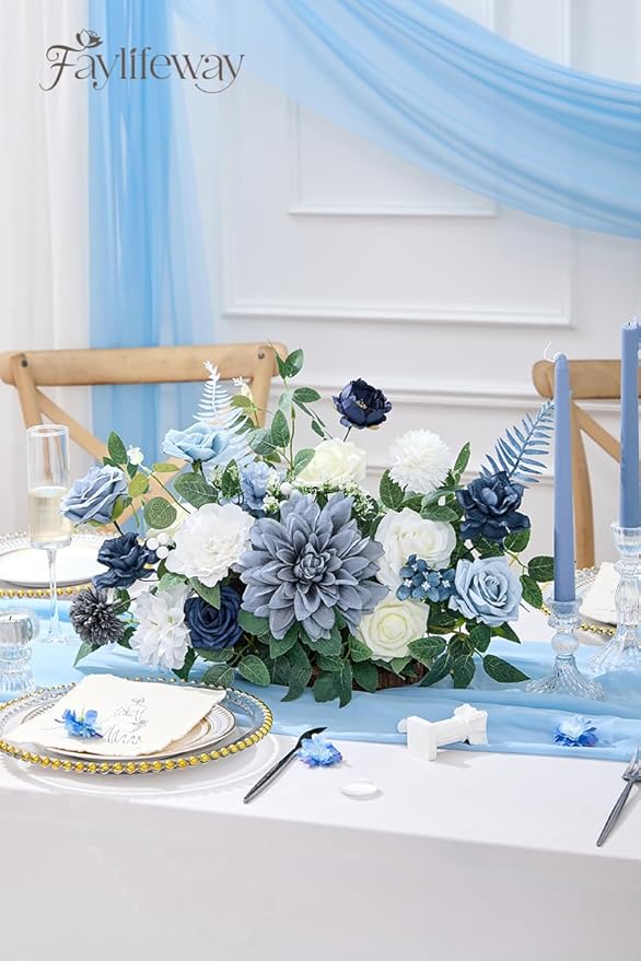 Artificial Flowers, Dusty Blue Silk Flowers for DIY Wedding Bridal Bouquets, Fake Cake Flowers for Centerpieces,Baby Shower, Table Arrangement, Home Party Decor