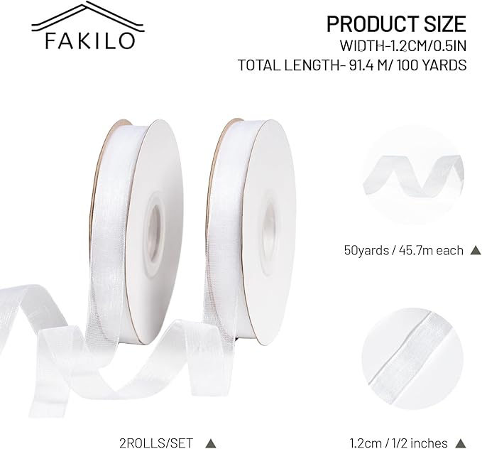 White Organza Ribbon for Gift Wrapping, FAKILO 1/2 Inch Sheer Wrapping Ribbon for Bouquet, Wedding, Christmas Gift - 50 Yards Each Roll