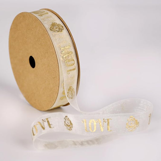 ‌SAYUAN Gold Love Ribbon 5/8 Inch x 30 Yards Organza Ribbon with Gold Love Pattern for Valentine's Day Birthday Christmas Gift Wrapping Handmade Crafts Floral Bouquet Wedding Party Decoration