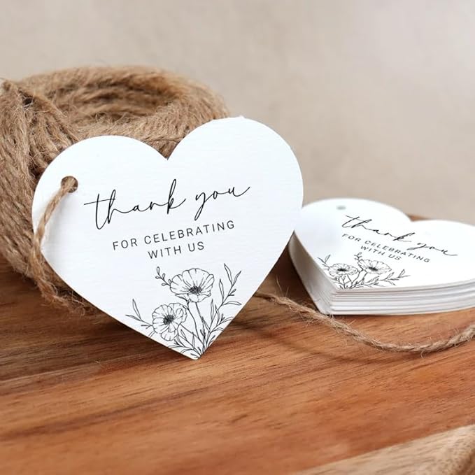 50 Heart Thank You Gift Tags with String Attached, Small Thank You for Celebrating with Us Gift Bag Tags for Presents and Personalized Party Favors - Baby Shower, Wedding, Bridal Shower, Birthday