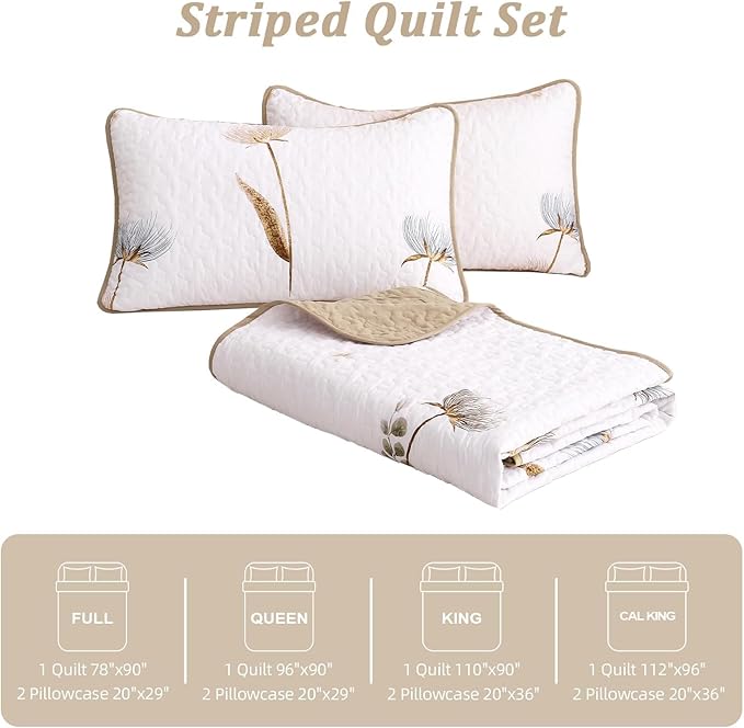 Dinjoy Floral Quilt Set Queen,Beige/Khaki Bedspread Queen Size 3 Pieces Lightweight Fall Quilts Microfiber Farmhouse Bedding Set Soft Flower Bedspreads White Coverlet Sets for All Seasons