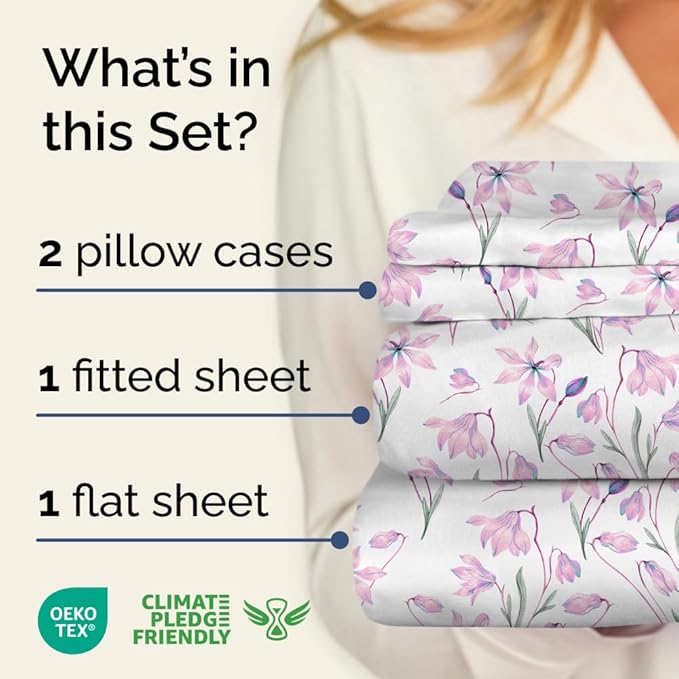 Floral Sheets - Pink Floral Bed Sheet Set - 1 Flat & 1 Fitted & 2 Pillowcases w/ Deep Pockets - Comfy, Wrinkle & Fade Free - Boho Botanical Bedding - Ultra-Soft, Breathable & Cooling - Full Size Set