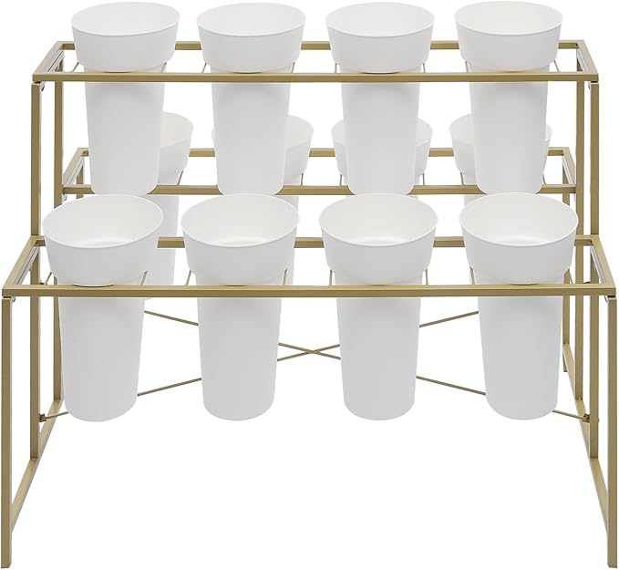 Flower Display Stand with 12 Pcs Buckets 3 Layers Metal Plant Stand Plant Cart Shelf Flower Bucket Rack Stand for Indoor Florist Garden Patio (Gold Stand-White Round Buckets)