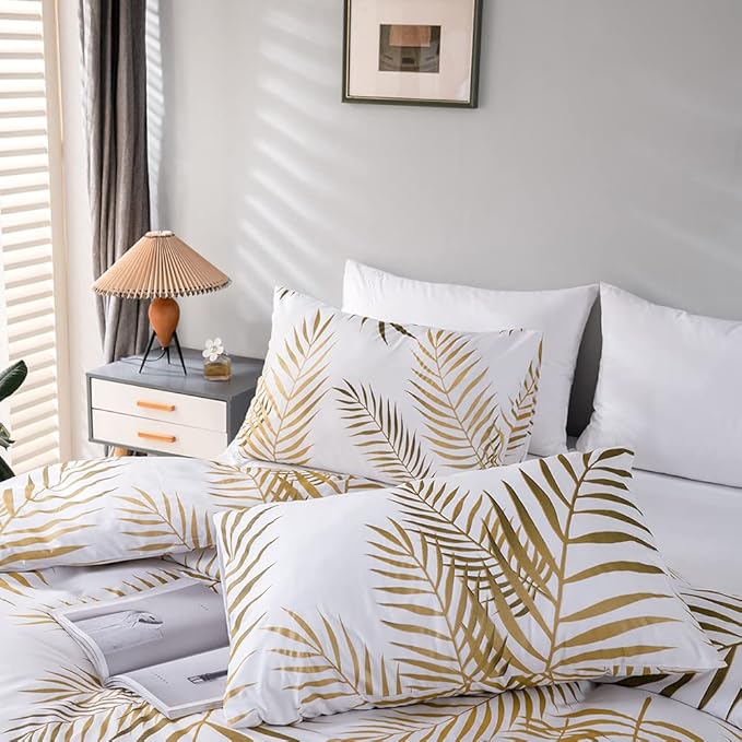 Nayoroom Gold Leaf Duvet Cover King Size Tropical Botanical Leaves Printed on White Bedding Set Soft Lightweight Microfiber Garden Farmhouse Comforter Covers with Zipper Closure Corner Ties