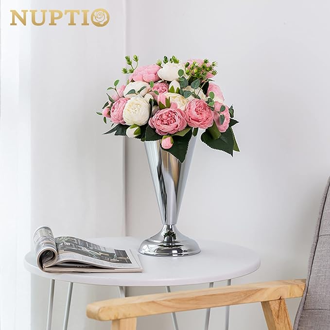10 Pcs Tabletop Metal Wedding Flower Trumpet Vase, 9.8 inch Table Decorative Centerpiece Artificial Flower Arrangements for Anniversary Ceremony Party Birthday Event Aisle Home Decoration, Silver