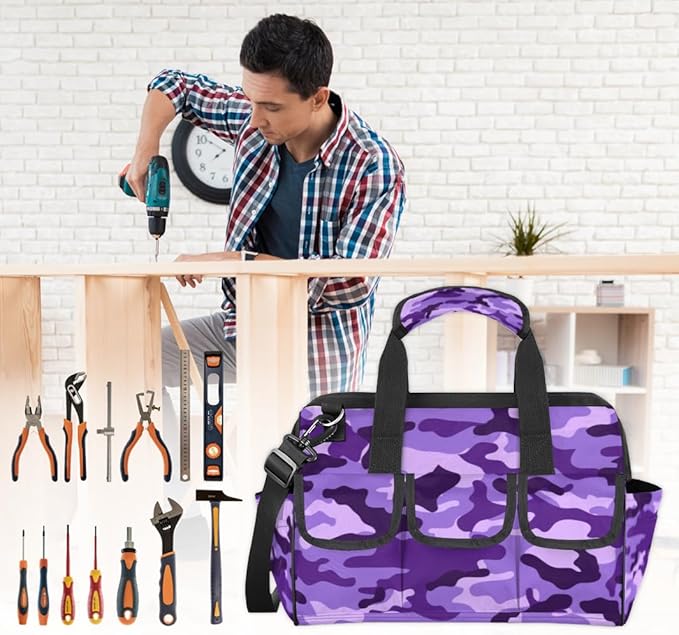 Purple Camouflage Tool Bag for Men Women Multi-Pockets Wide Mouth Tool Storage Bags 14.8 Inch Waterproof Heavy Duty Tool Bag Organizer for Electrician Mechanic Plumbers Handymen