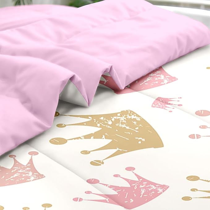 Comforter Set Twin Size, Cute Kids Crown 5 Pcs Bedding for Kids and Adults, Pink Princess Girls Bed Sheet Sets with Fitted Sheet Pillowcase & Sham for Bedroom Bed Decor