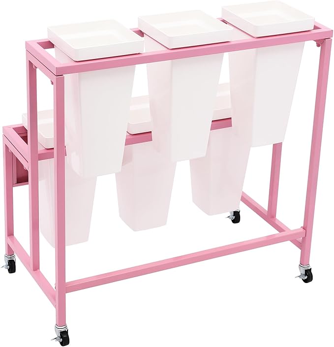 2-Layers Flower Display Stand Metal Flower Display Stand With 6 Pcs Buckets Rolling Plant Stand Flower Cart Moving Florist Bouquet Shelf for Fresh Flower Shop Balcony,Load Capacity 33.07lbs (Pink)