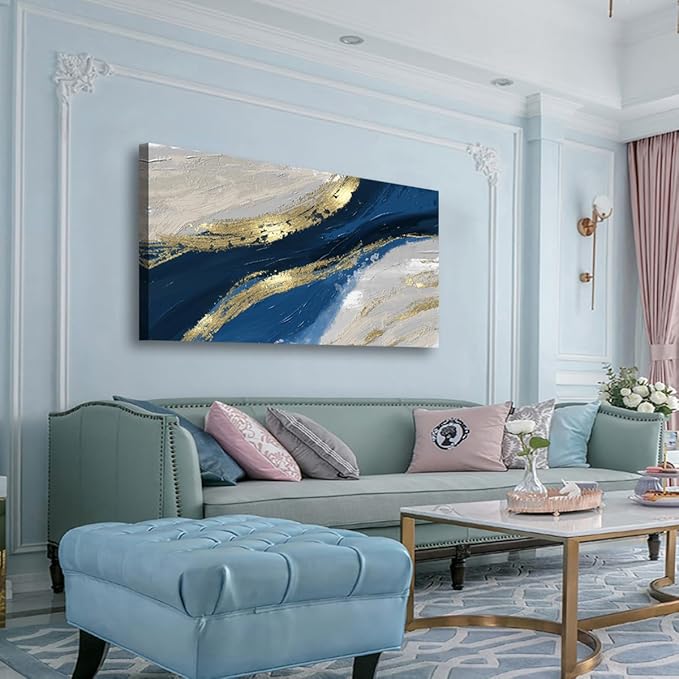 Abstract Canvas Wall Art for Living room Office Bedroom Golden Blue Wall Art Print Oil Paintings Modern Abstract River Texture Pictures Wall Decor Artwork Waterproof Ready to Hang - 70in * 35inch
